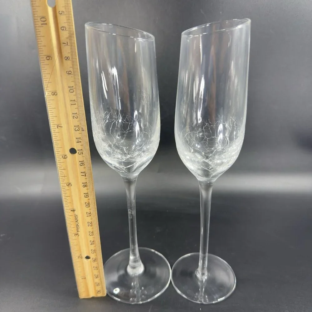 Pier 1 Clear Glass Crackle Angled Rim Goblet Drinking Glasses Cups Flutes Set 2